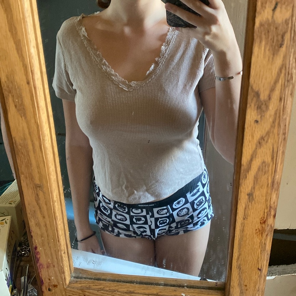 Tan Tee, V neck with lace, Size L, Brand: So, barely worn